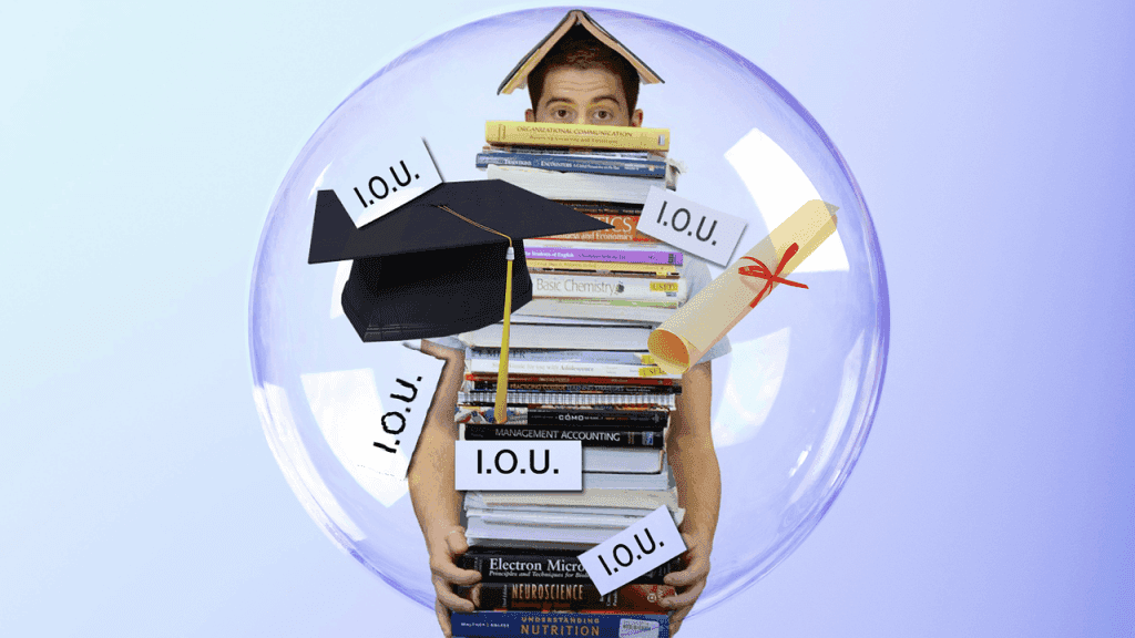 Image of student with books and IOU notes