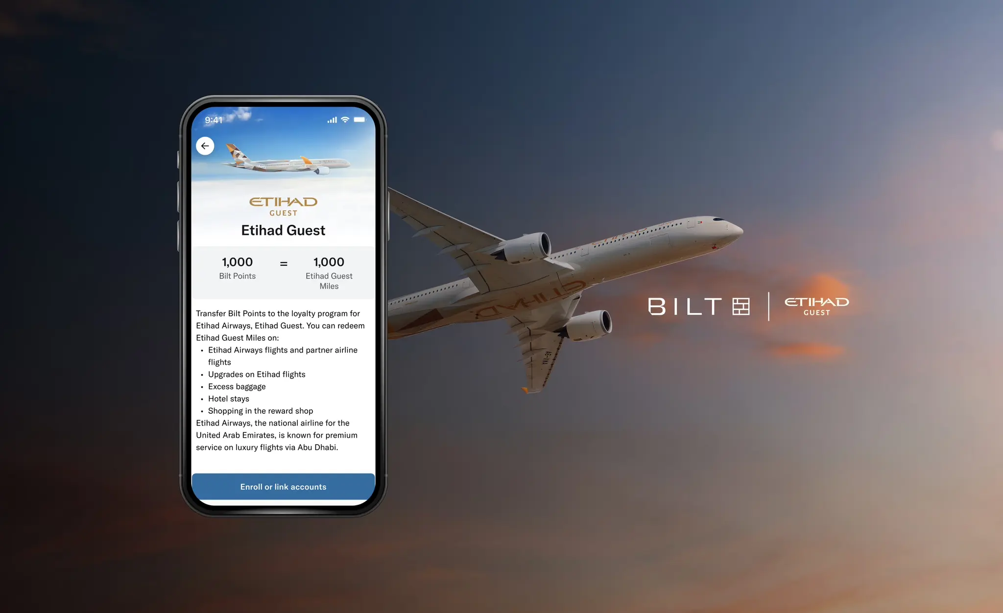ETIHAD Guest and Bilt logos with the Bilt app transfer screenshot