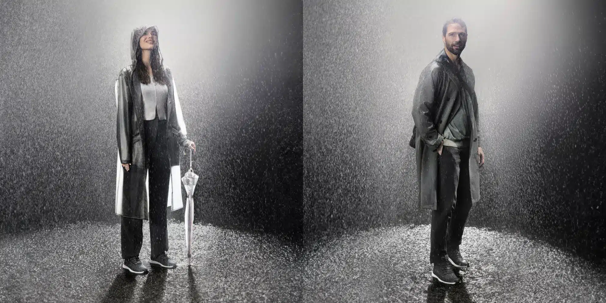 a woman and a man wearing Allbirds waterproof shoes in the rain