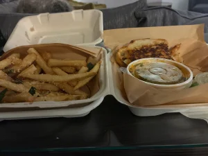 sandwich and fries from Lardo in the Block 16 Urban Food Hall