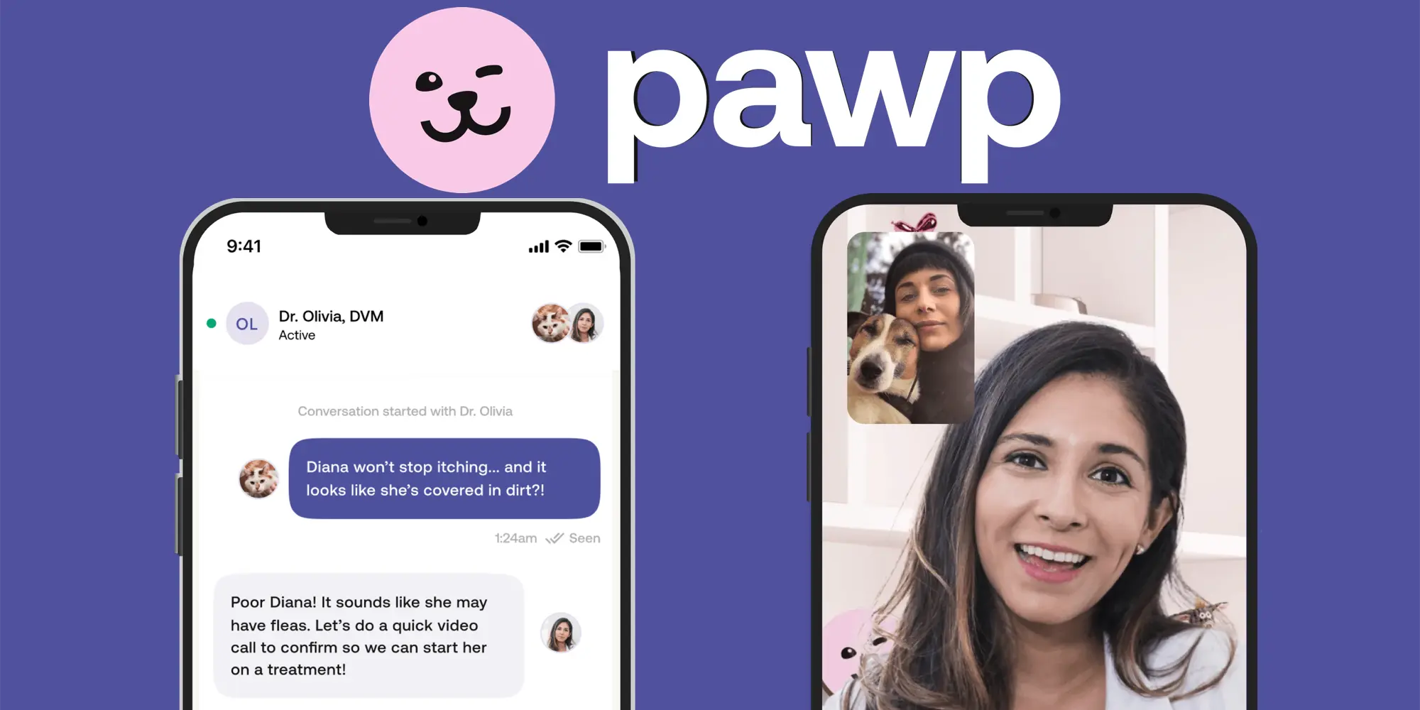 Pawp logo with app and a conversion with a vet on a phone