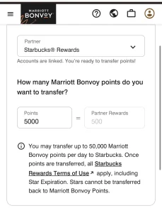 Marriott Bonvoy screenshot of Starbucks Rewards transfer