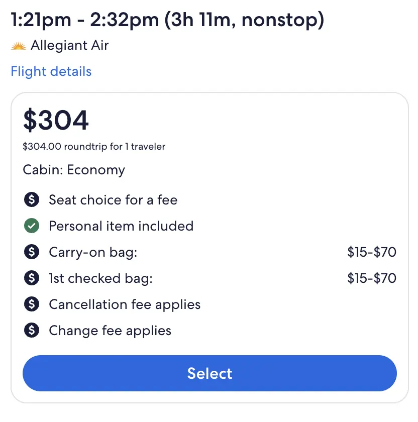screenshot of an Alligent flight pricing on Expedia